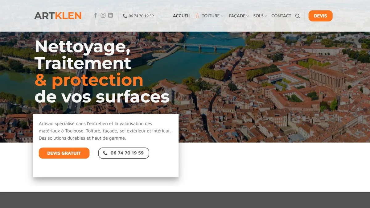 Site internet créé pour ArtKlen, nettoyage de surfaces à Toulouse